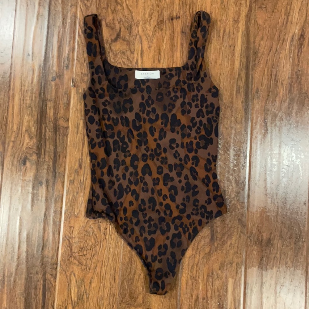 Babaton Brown Leopard Print Scoop Neck Bodysuit